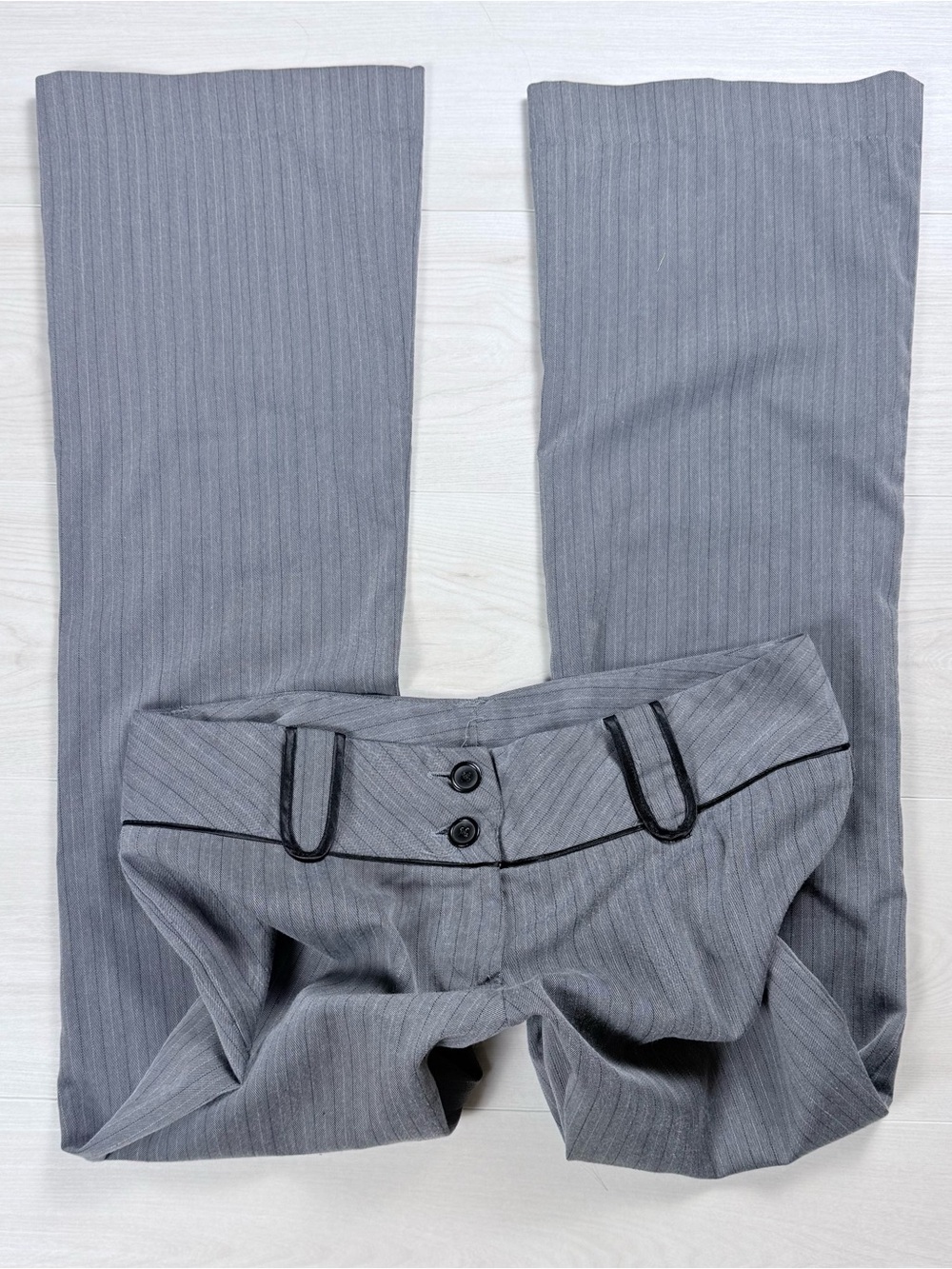 Y2K Vanity Gray Pinstripe Women's Boot Cut low rise Pants with Black Piping